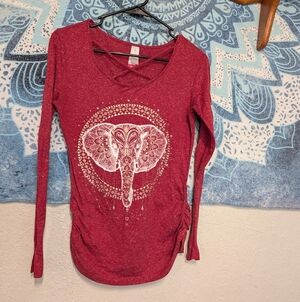 Women's Red maroon Elephant Graphic Top M Caged Gathered Stretchy Semi Sheer